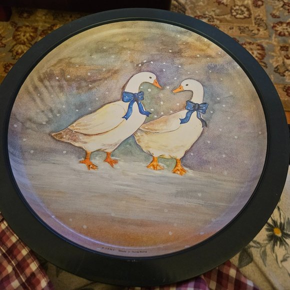 vintage 80s metal round tray 2 geese ducks w/blue bows - Picture 1 of 6
